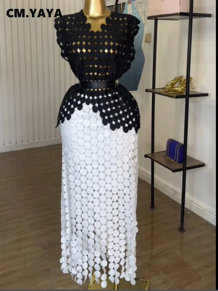 CM.YAYA Women Cutout O-neck Crop Top and Bodycon Midi Slim Maxi Long Skirt Suit 2025 Summer Vacation Sexy Two 2Piece Set Outfits black-white-belt One Size
