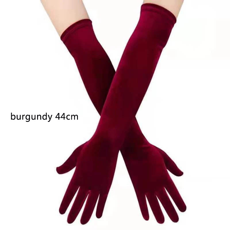 53CM Women Golden Velvet Long Autumn Winter Warm Black Evening Dress Etiquette Gloves Retro Style Banquet Accessories Elasticity burgundy 44cm One Size