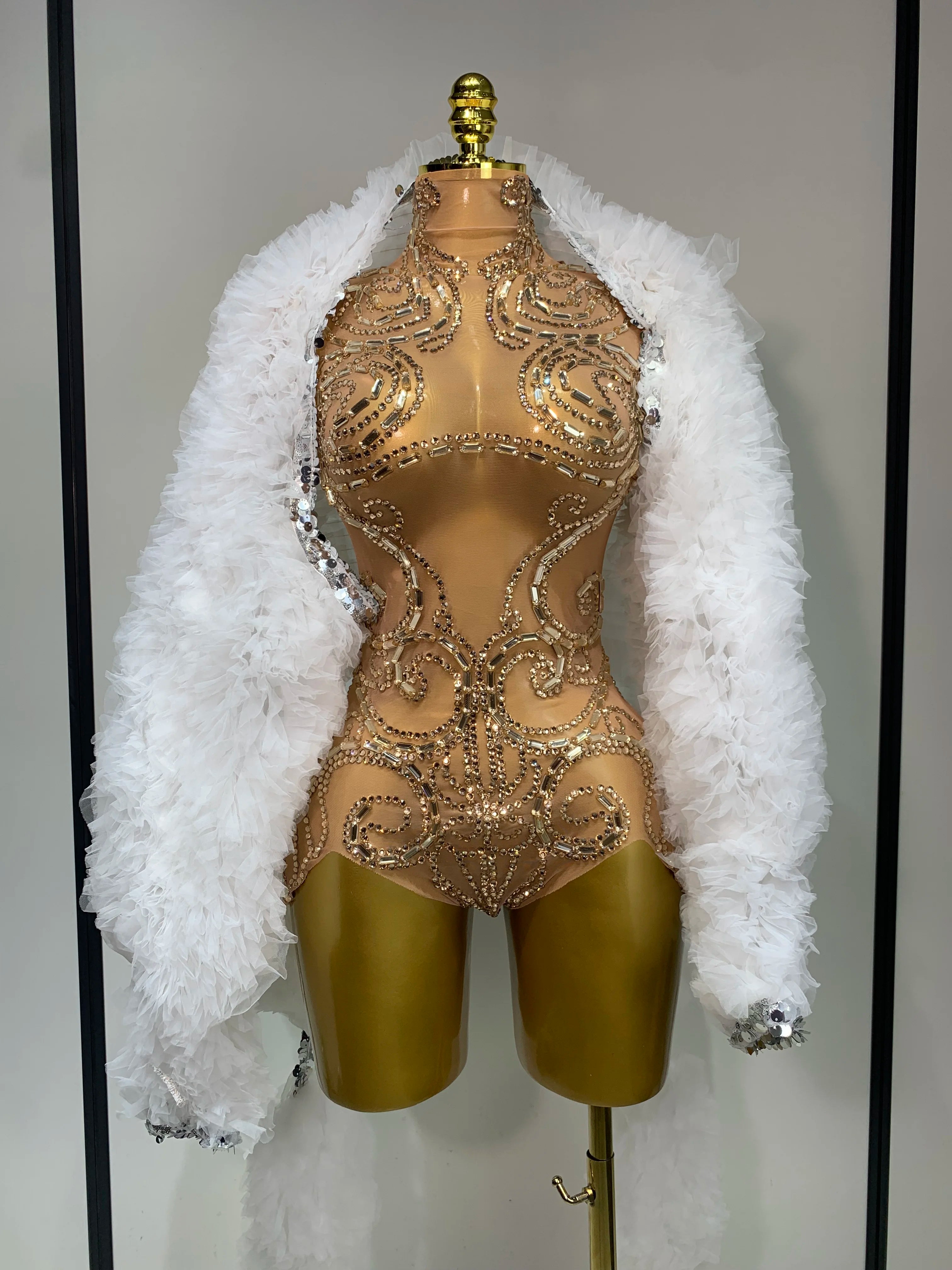 Shining Rhinestone Bodysuit Sexy Mesh See Through Dancer Birthday Evening Party Celebrate Performance Nightclub Stage Outfit