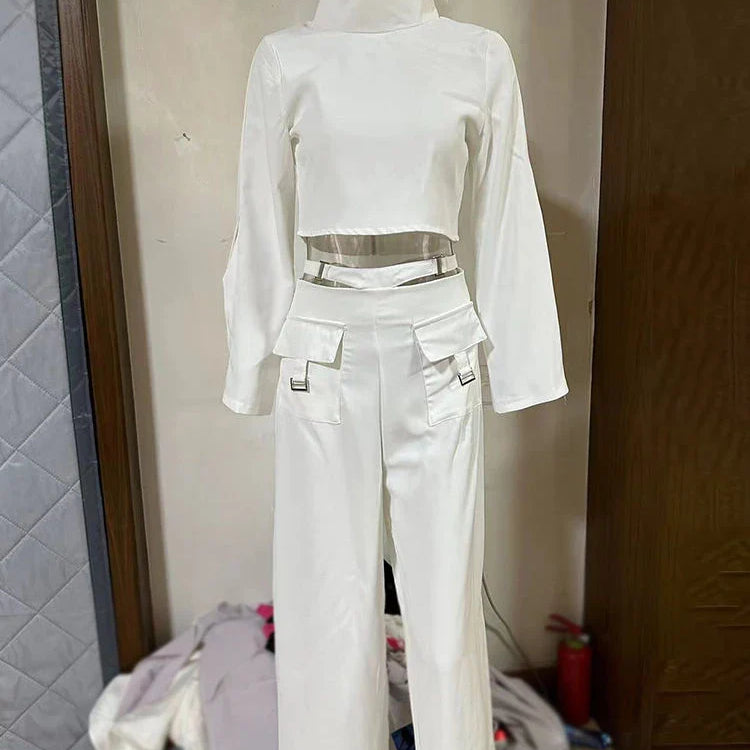 Streetwear Two Piece Set For Women Stand Collar Long Sleeve Top High Waist Pant Wide Leg Pant Chic Sets Female New