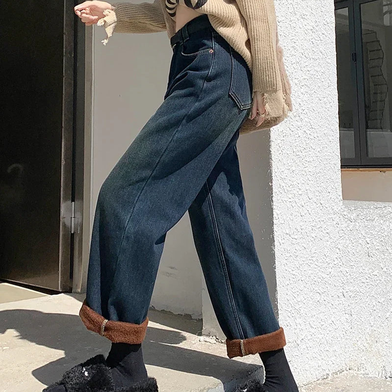 S-XL 2Colors Winter women long Straight wide leg denim pants Thick Warm High waist Denim jeans Trousers for womens+Belt