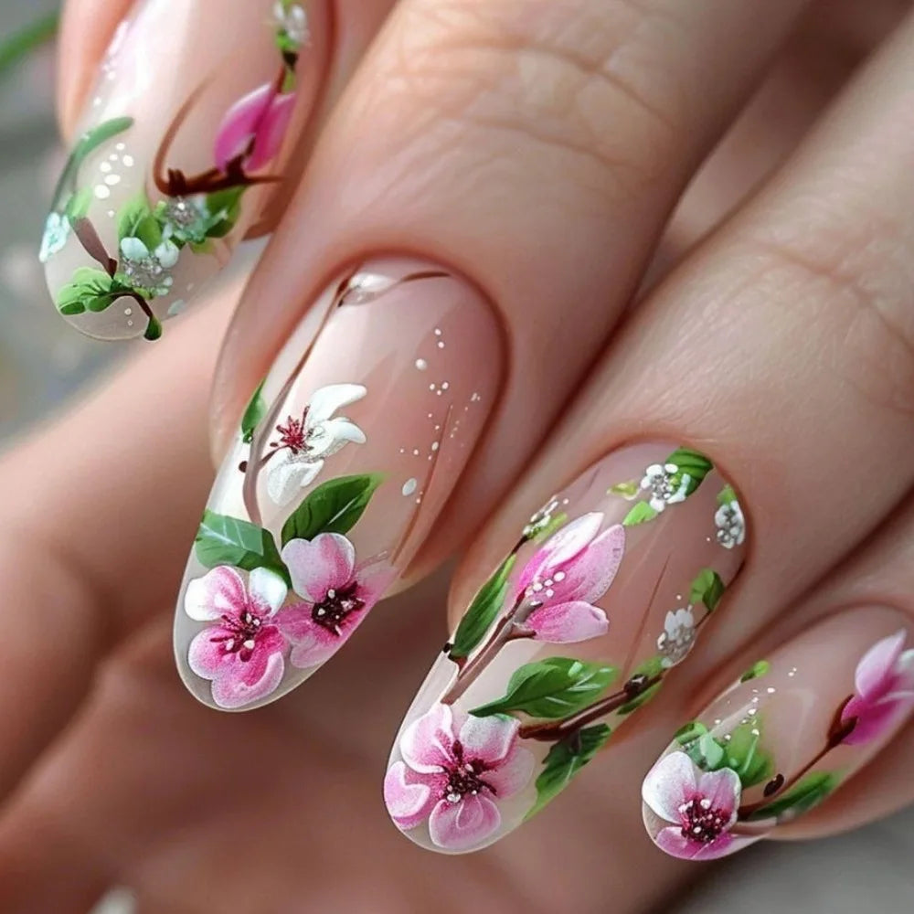 24Pcs Press on False Nails Simple Garden Fresh Flowers Design Sweet Fake Nails Tips Art Wearable Almond Stiletto Oval Manicure
