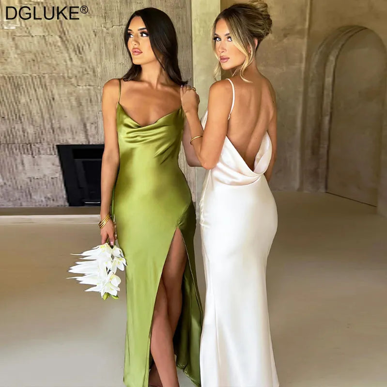 Spaghetti Strap White Long Satin Dress Elegant Party Dress For Women  Summer High Slit Backless Formal Occasion Dresses Maxi