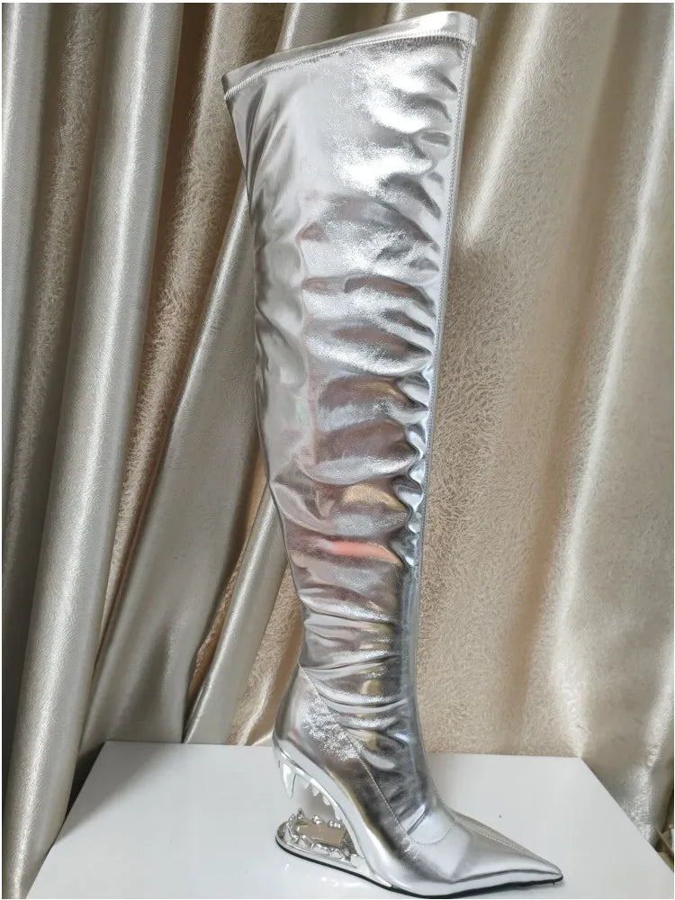 European and American New Knee-length Thigh Women's Boots Fashion Pointed Side Zipper Teeth High Heels Show Patent Leather Boots