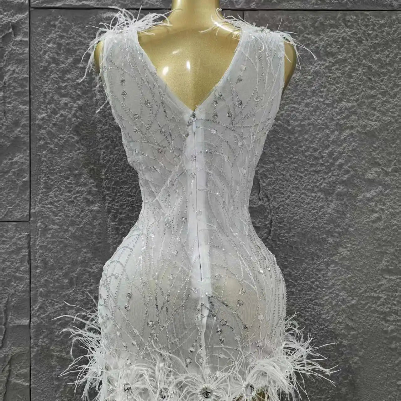 White Color Women Sleeveless V-Neck Bodycon Feathers Mini Dress Girls' Cute Birthday Party Cocktail Outfit Clothing