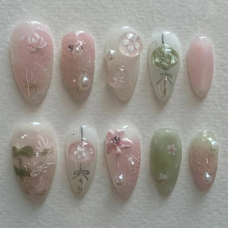 24Pcs Mid-length Almond Nails Set Press on Strawberry Pearl Love Check Design Fake Nails 3D Bow Flower Reusable False Nails Tips