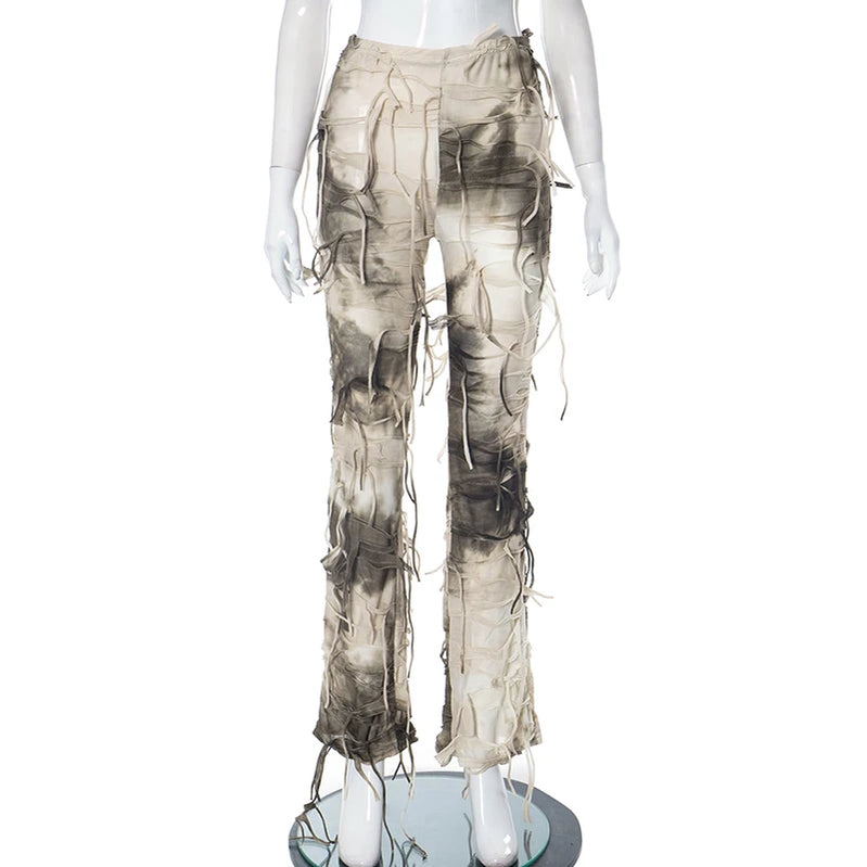 Autumn Tie-Dyed Collision Tassel High Waist Pants Skinny Casual Flared Trousers Women Slim Peculiar Fashion Streetwear APRICOT