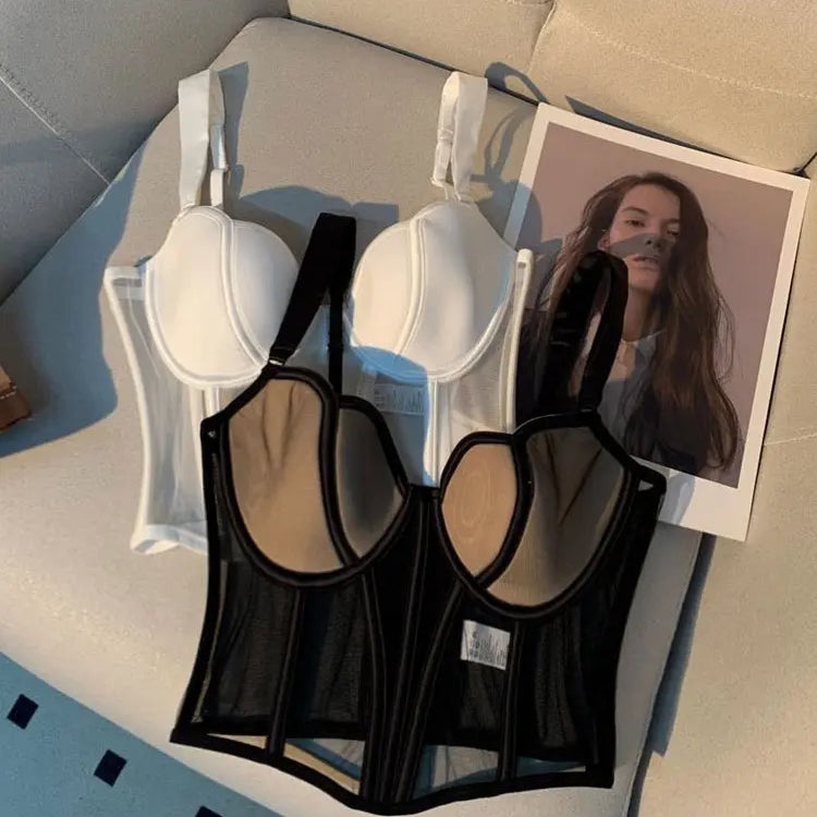 Women's Chic Mesh Fishbone Camisole Inner Wear Outer Wear Corset Crop Top Waist-Tight Sexy Bra White Black 2023