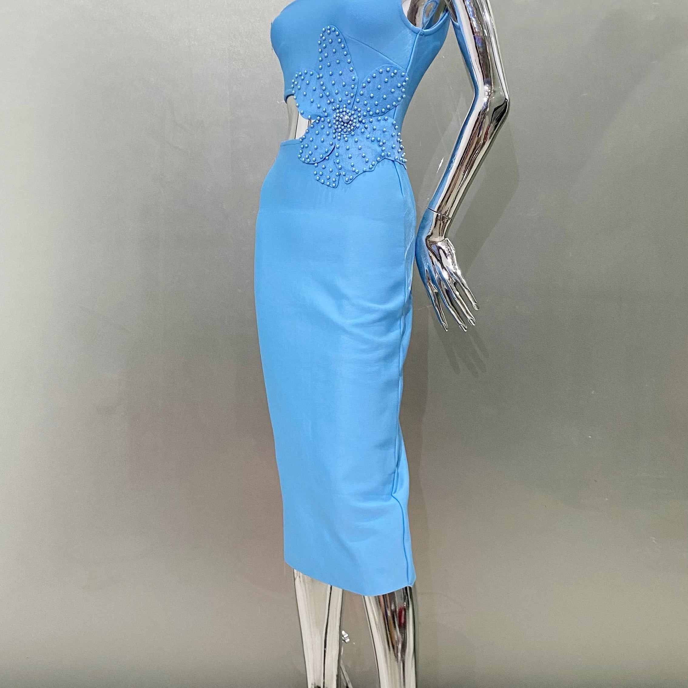 Blue Color Beading Flower Sexy One Shoulder Expose waist Mid Calf Bandage Dress Elegant Woman Evening Dress Cocktai Party Outfit