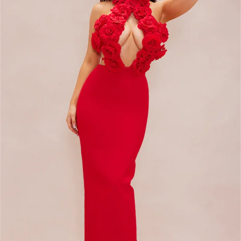New Summer Sexy Halter Sleeveless  Package Hips Ankle Lenght Bandage Dress Graceful Woman Party Dress Cocktail Party Vestido