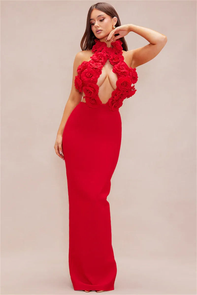 New Summer Sexy Halter Sleeveless  Package Hips Ankle Lenght Bandage Dress Graceful Woman Party Dress Cocktail Party Vestido