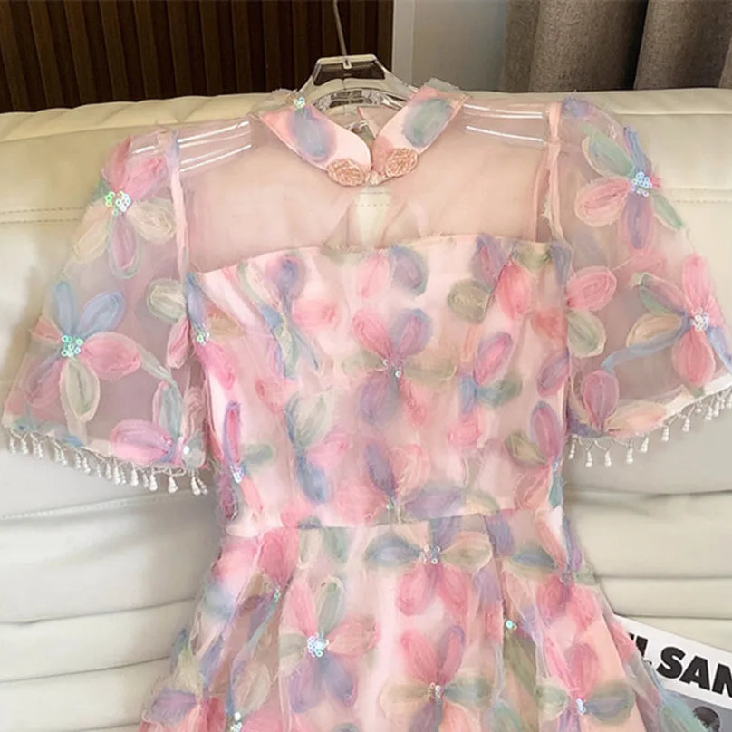 Elegant Sweet Spring Pink Mesh Party Long Dress Women Ruffled Collar Embroidery Flowers Beaded Tassel Short Sleeve Party Clothes