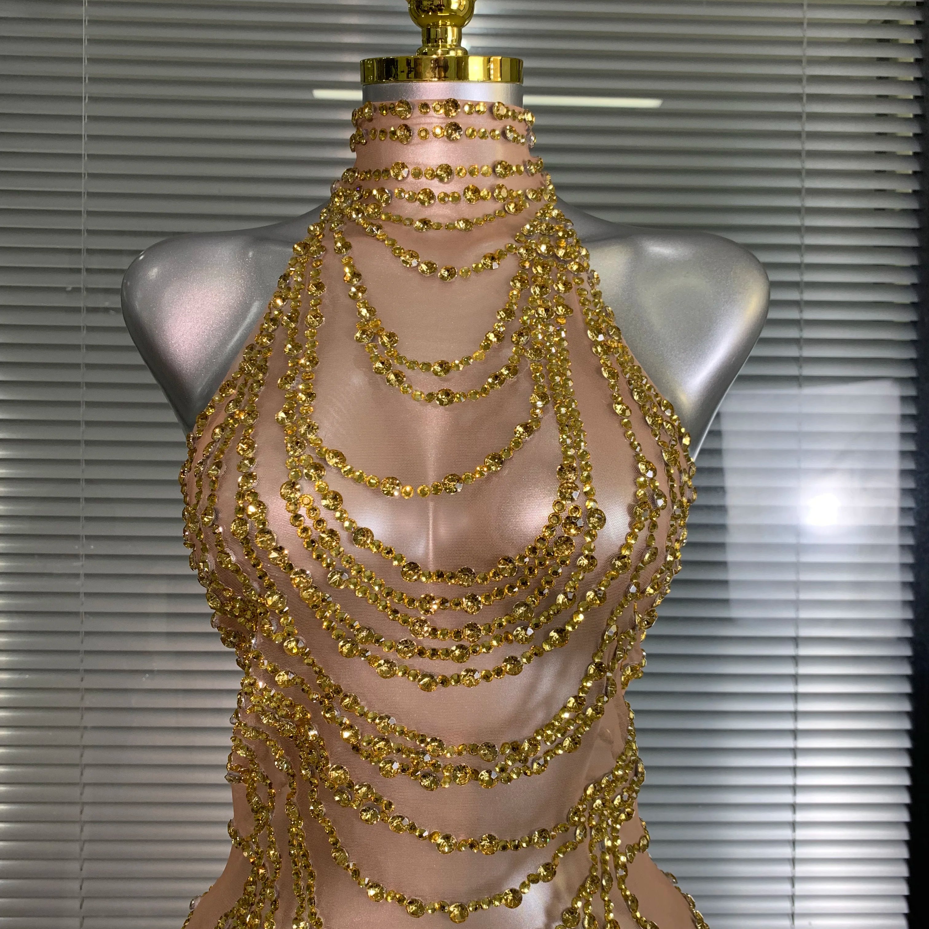 New Women Sexy Mesh Crystal Diamonds Shinning Long Maxi Dress See Through Gold Silver Party Costume Stage Performance Dress