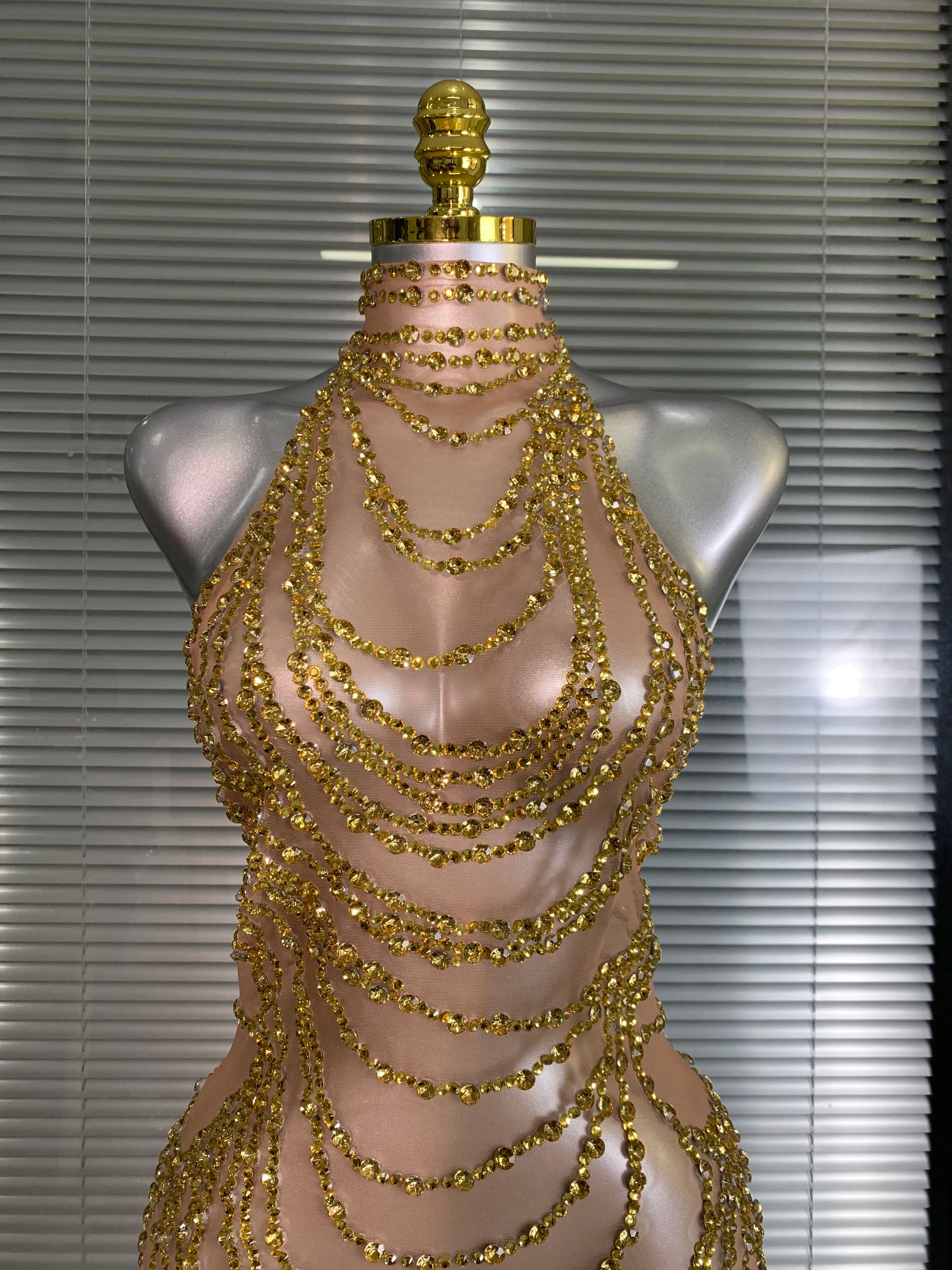 New Women Sexy Mesh Crystal Diamonds Shinning Long Maxi Dress See Through Gold Silver Party Costume Stage Performance Dress