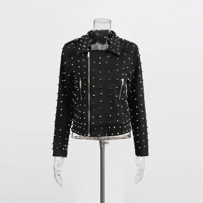 TWOTWINSTYLE Solid Spliced Zippers Casual Jackets for Women Lapel Lomg Sleeves Patchwork Rivets Luxurious Jacket Femlae Fashion