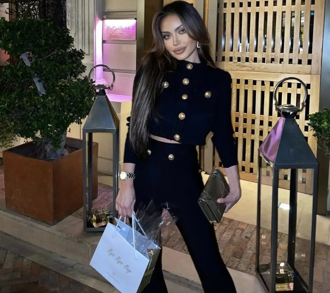 High Quality Bandage Expose Waist Woman Set Fashion Golden Buttons Short Coat Top And Flare Pants 2 Pieces High Street Wear