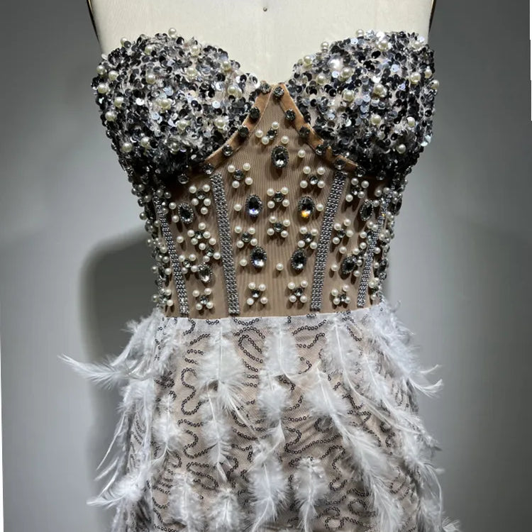 New Women Summer Sexy Strapless Backless Sequins Feather Pearl Beading Ankle Length Dress 2023 Elegant Evening Party Dress