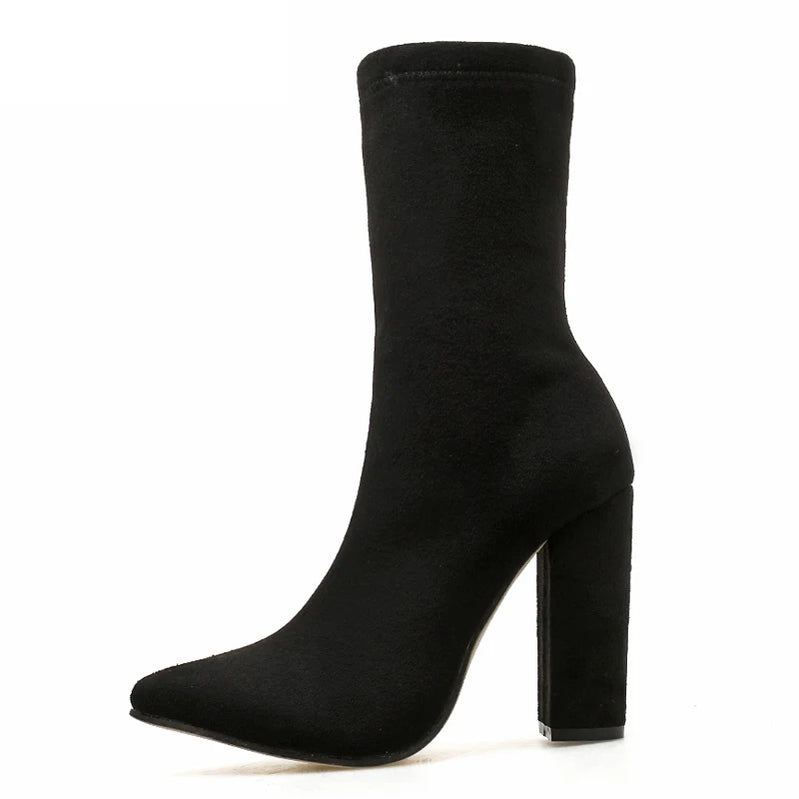 Black Faux Suede Square Heels Mid-Calf Women Pumps Boots Spring Fashion Pointed Toe ZIP Sexy Solid Party Size 35-42 Black