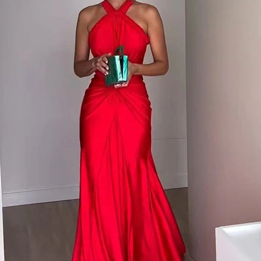 Rosered  Red Color Women Sexy Off the Shoulder Halter Backless Long Mermaid Dress Elegant Evening Party Celebrate Wedding Dress