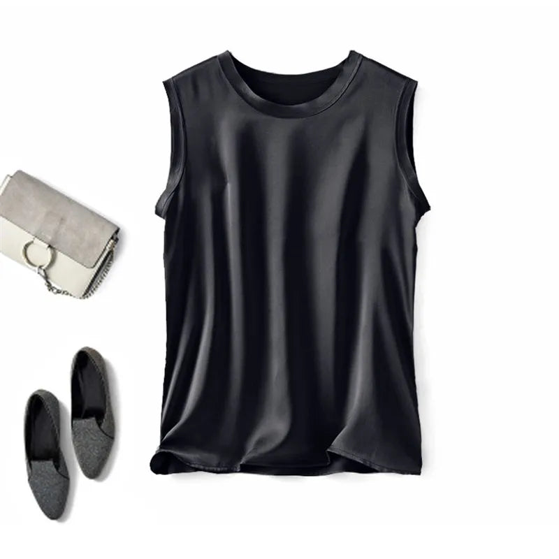 Women Korean Fashion Satin Office Lady Tank Top Summer ice Silk Tank Top Solid comfortable elegant wild shirt Black White Pink