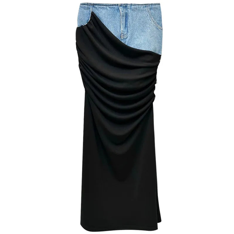 Women Designer Bodycon Maxi Skirt Colorblock Spliced High Waist Stretch Ruched Casual Long Pencil Skirt photo color