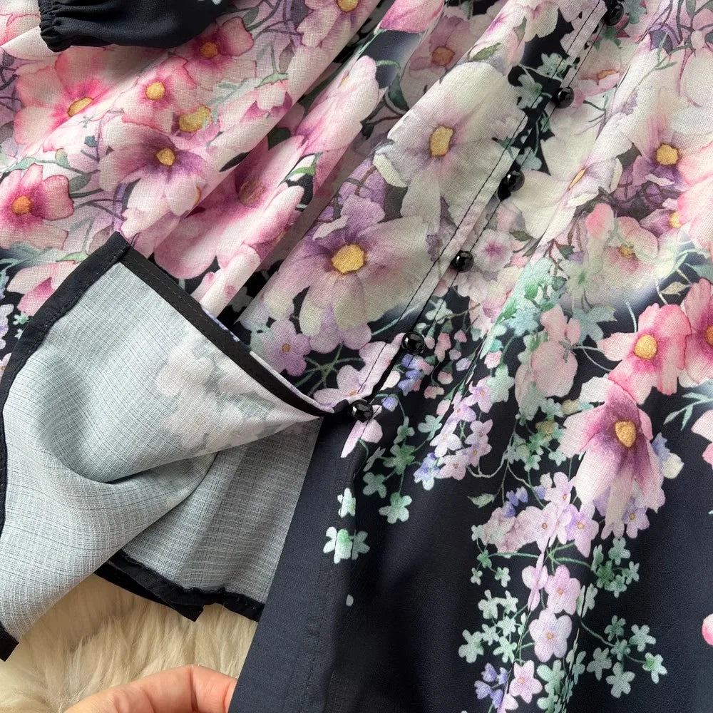 Roupas femininas de linho primavera verão passarela moda floral estampa vintage vestido gola alta manga lanterna cinto mini vestido