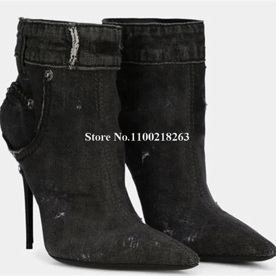 Western Fashion Blue Black Denim Short Boots Pointed Toe Sexy Slip-on Stiletto Heel Jean Ankle Booties Casual High Heels black