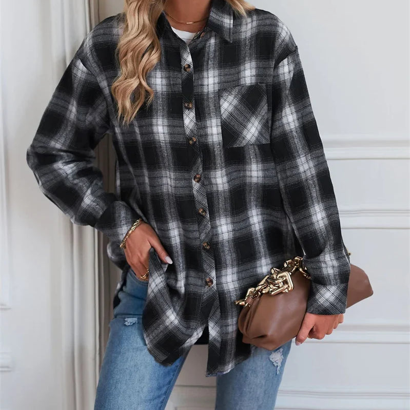 Flannel Plaid Shirt Women Autumn Loose Button Up Lapels Tops Casual Checkered Long Sleeve Blouse Ladies Pockets Basic Female New