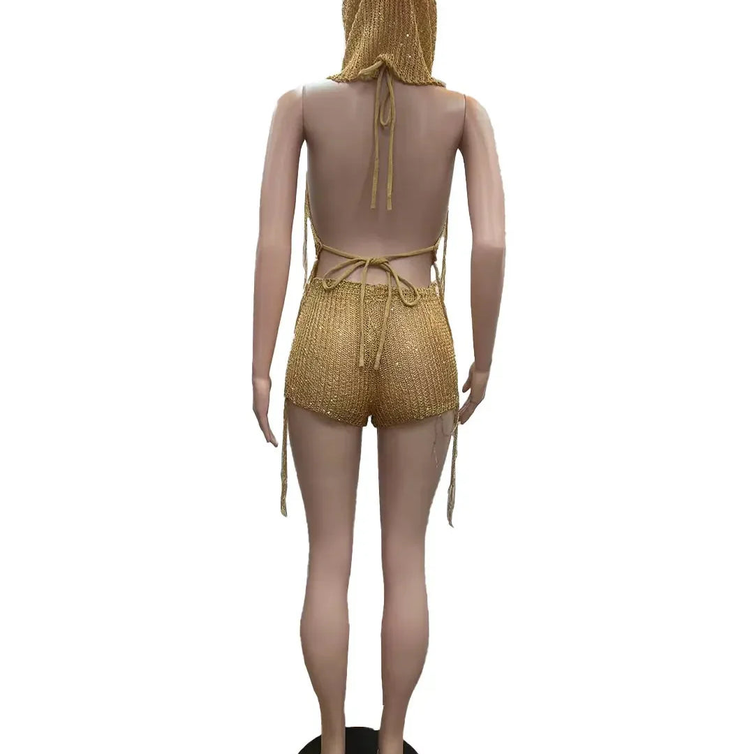 CM.YAYA Knit Ribbed Women's Set Halter Neck Backless Crop Top with Hat Shorts Suit 2023 Summer Two 2 Piece Set Outfit Tracksuit