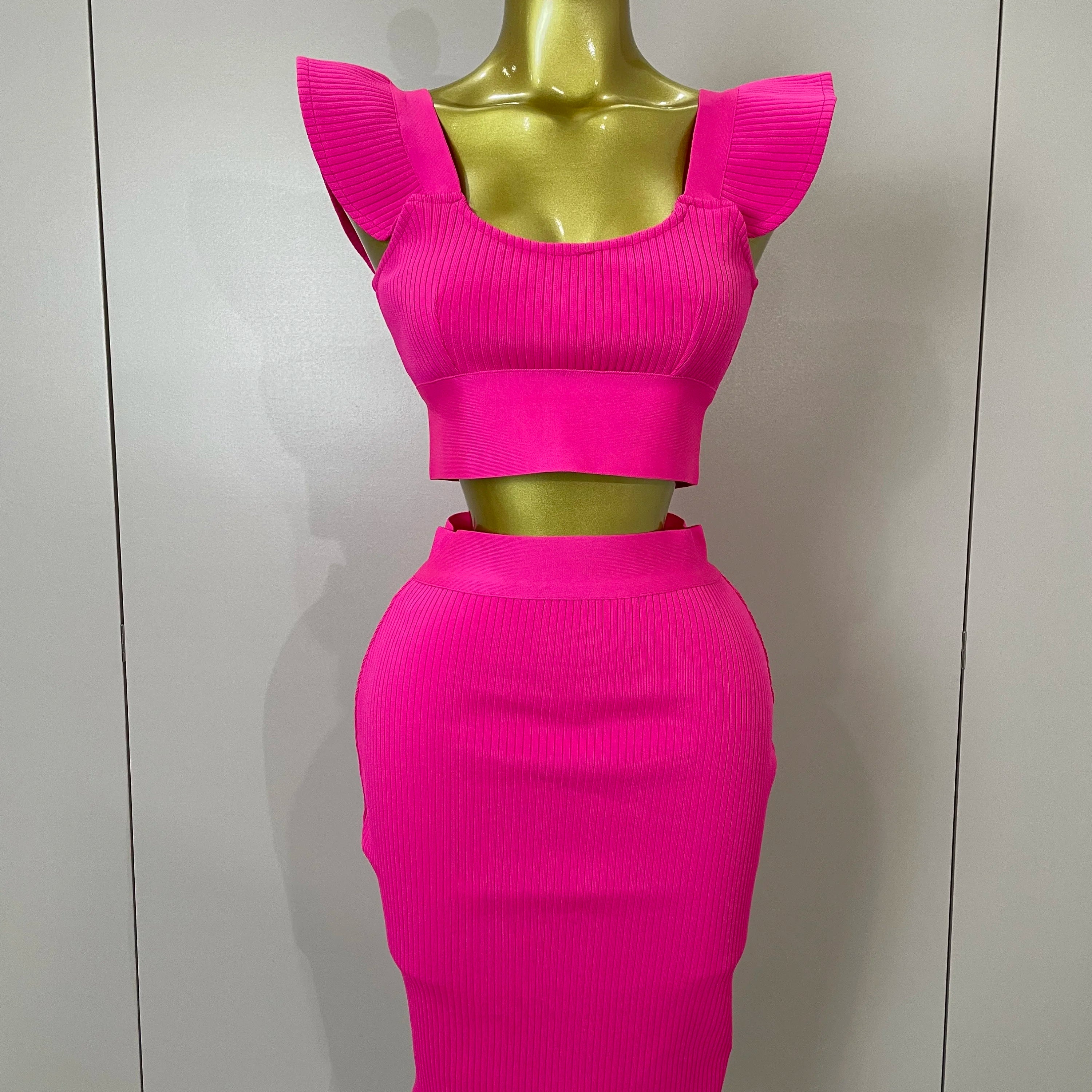 Women 2025 New Sexy Backless Ruffles Red Bandage Two Pices Set 2025 Celebrity Evening Elegance Birthday Party Dress