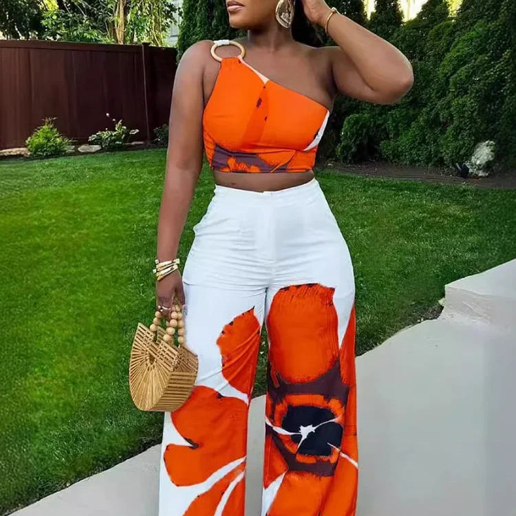 CM.YAYA Women Set Floral Print Sleeveless Skew Collar Tops +Wide Leg Pants Two 2 Piece Set Outfit 2024 Summer Street Tracksuit
