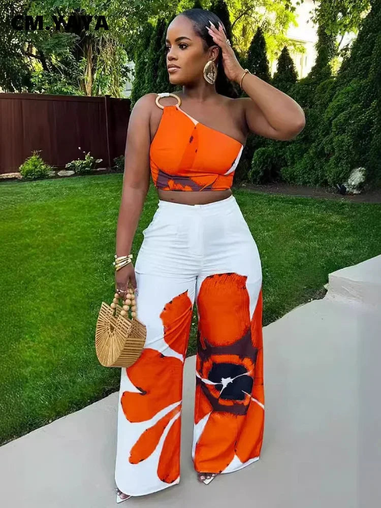 CM.YAYA Women Set Floral Print Sleeveless Skew Collar Tops +Wide Leg Pants Two 2 Piece Set Outfit 2024 Summer Street Tracksuit