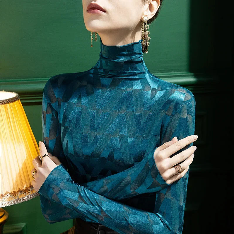 Long Sleeve T-shirt Top Spring High-neck Lace Mesh Bottoming Shirt Women's Embroidery Perspective Sexy Plaid Y2k Tops