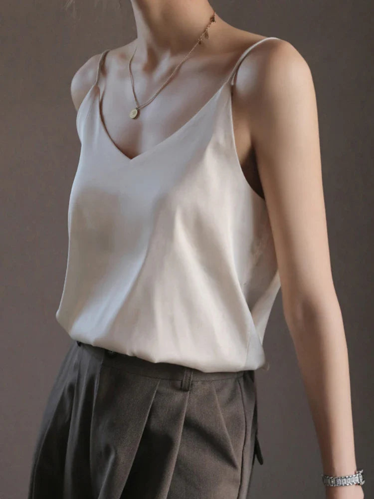 Grey Camisoles for Women Acetate SATIN Loose Summer Spaghetti Strap Tank Top Solid V-neck Fashion Sexy Backless Tanks & Camis Apricot