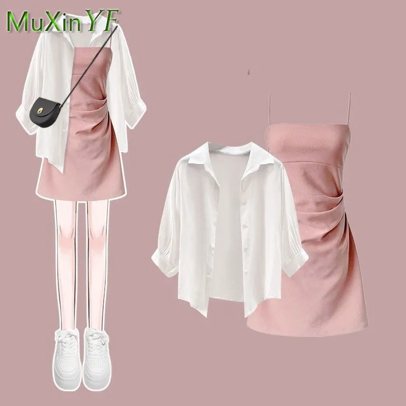 Summer New Dress Matching Set Women's Fashion Sunscreen Shirt Top+Strap Skirt Two Piece Korean Elegant Chic Dresses Suit