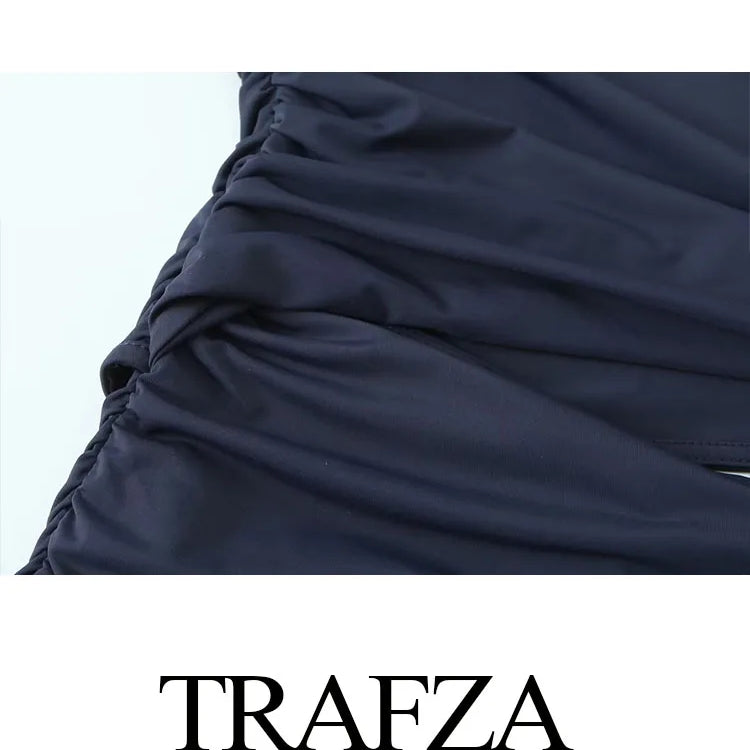 TRAFZA Female Vintage Chic Dresses Solid Color O-Neck Long Sleeve Hollow Out Waist Folds Women's Autumn Fashion Long Dresses