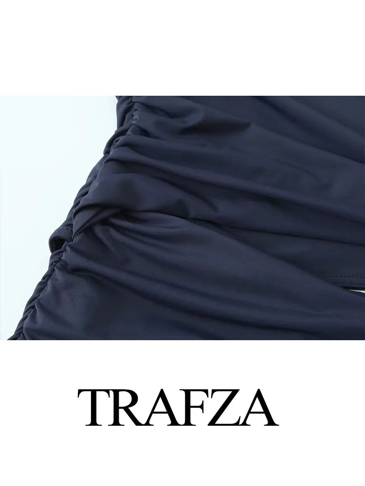 TRAFZA Female Vintage Chic Dresses Solid Color O-Neck Long Sleeve Hollow Out Waist Folds Women's Autumn Fashion Long Dresses