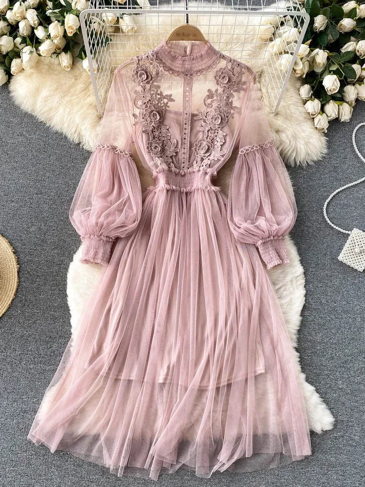 Women Party Lace Flower Dress Gauze Lantern Sleeve Voile Long Dress Female Retro Hook Princess Dress 2 Piece Set pink