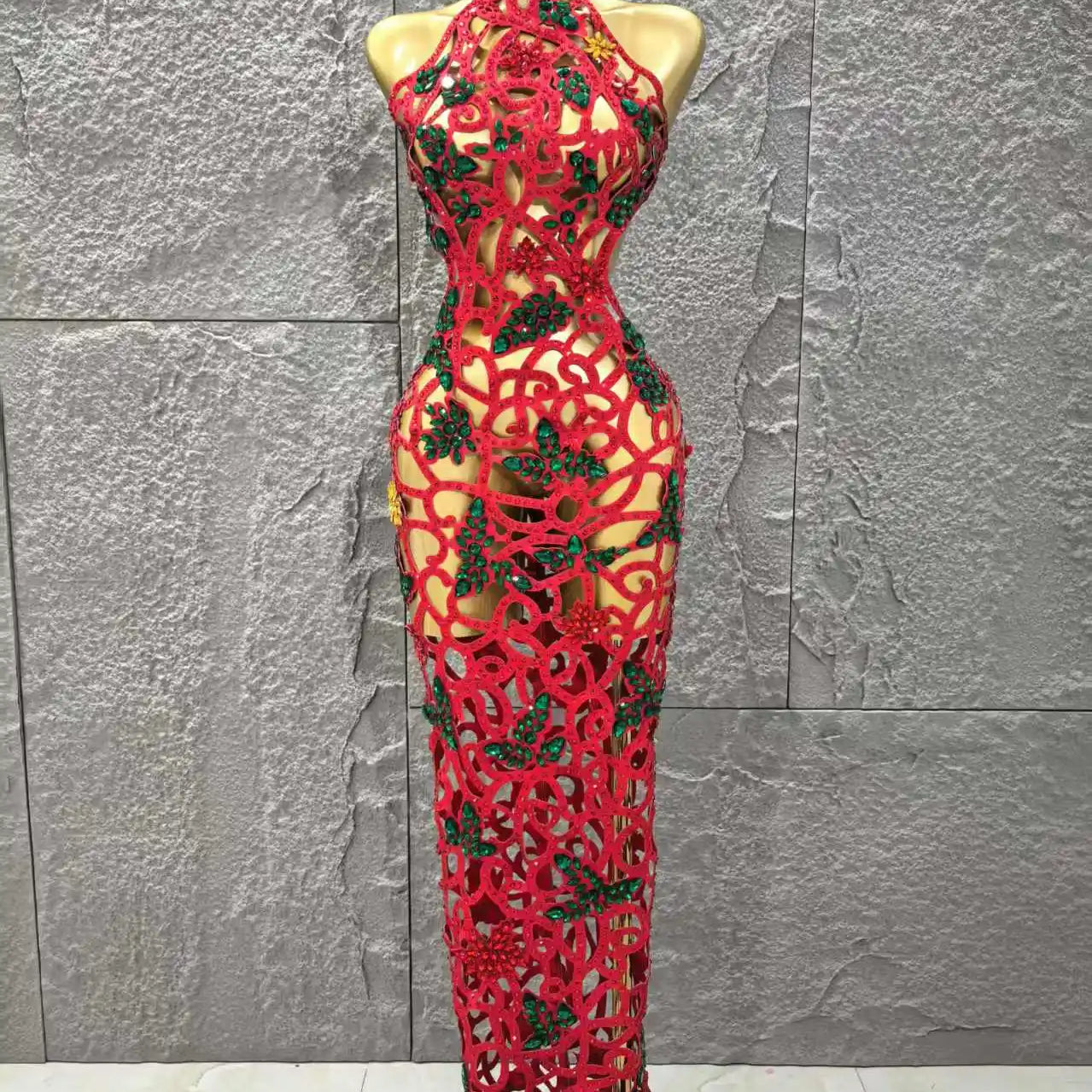 Women Sleeveless Sexy Hollow Out Shinning Rhinestones Bodycon Long Dress Backless Celebrate Nightclub Party Celebrity Stage Wear