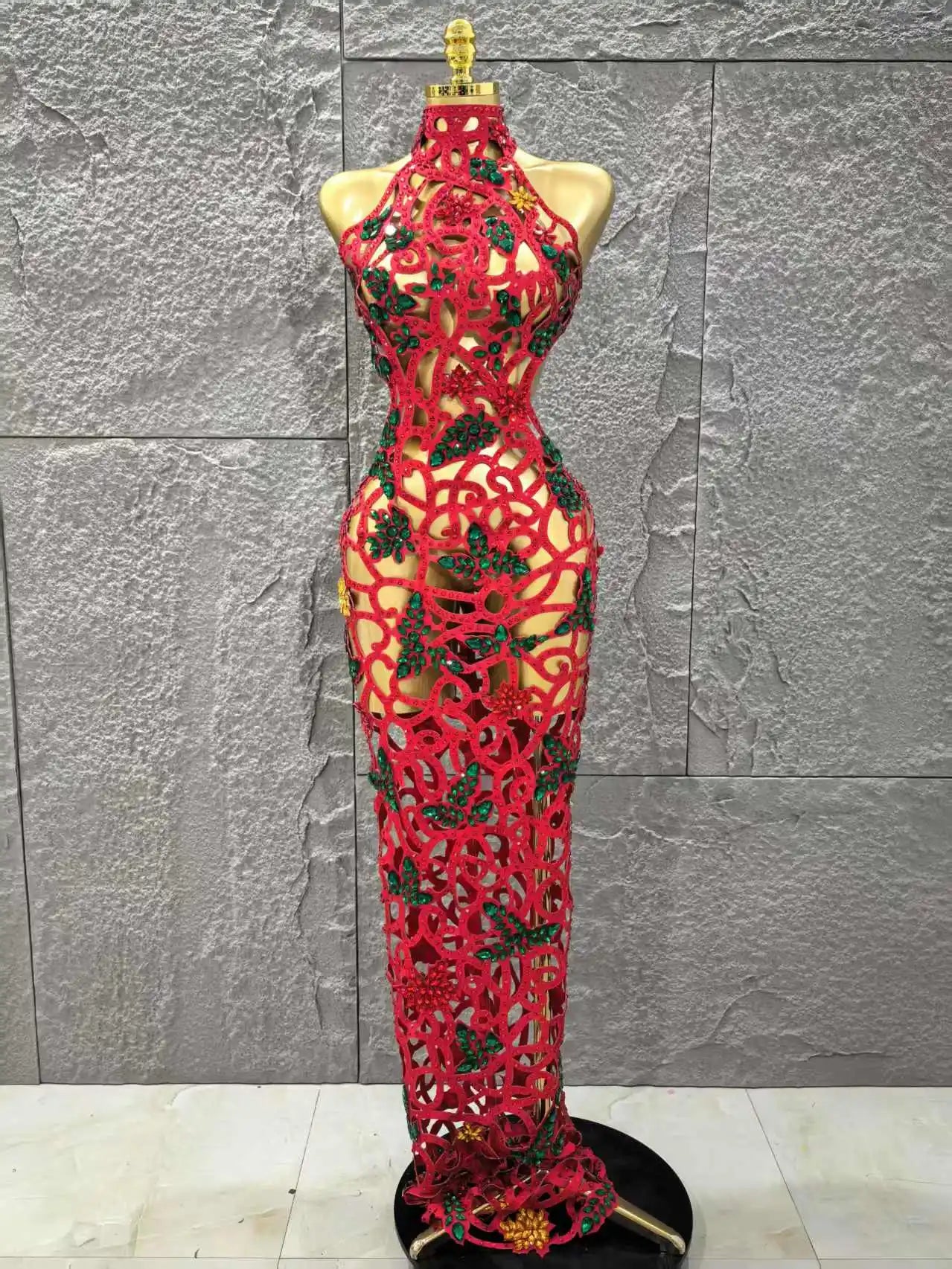 Women Sleeveless Sexy Hollow Out Shinning Rhinestones Bodycon Long Dress Backless Celebrate Nightclub Party Celebrity Stage Wear