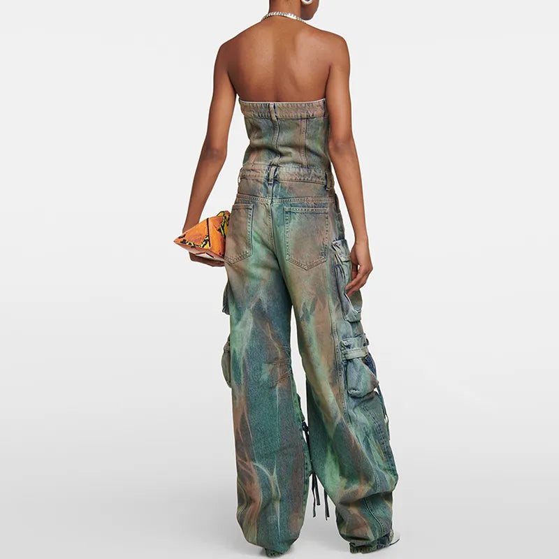 Women's Off Shoulder Jumpsuit Elastic Waist Stretchy Camouflage Cargo Loose Wide Leg Overall Rompers