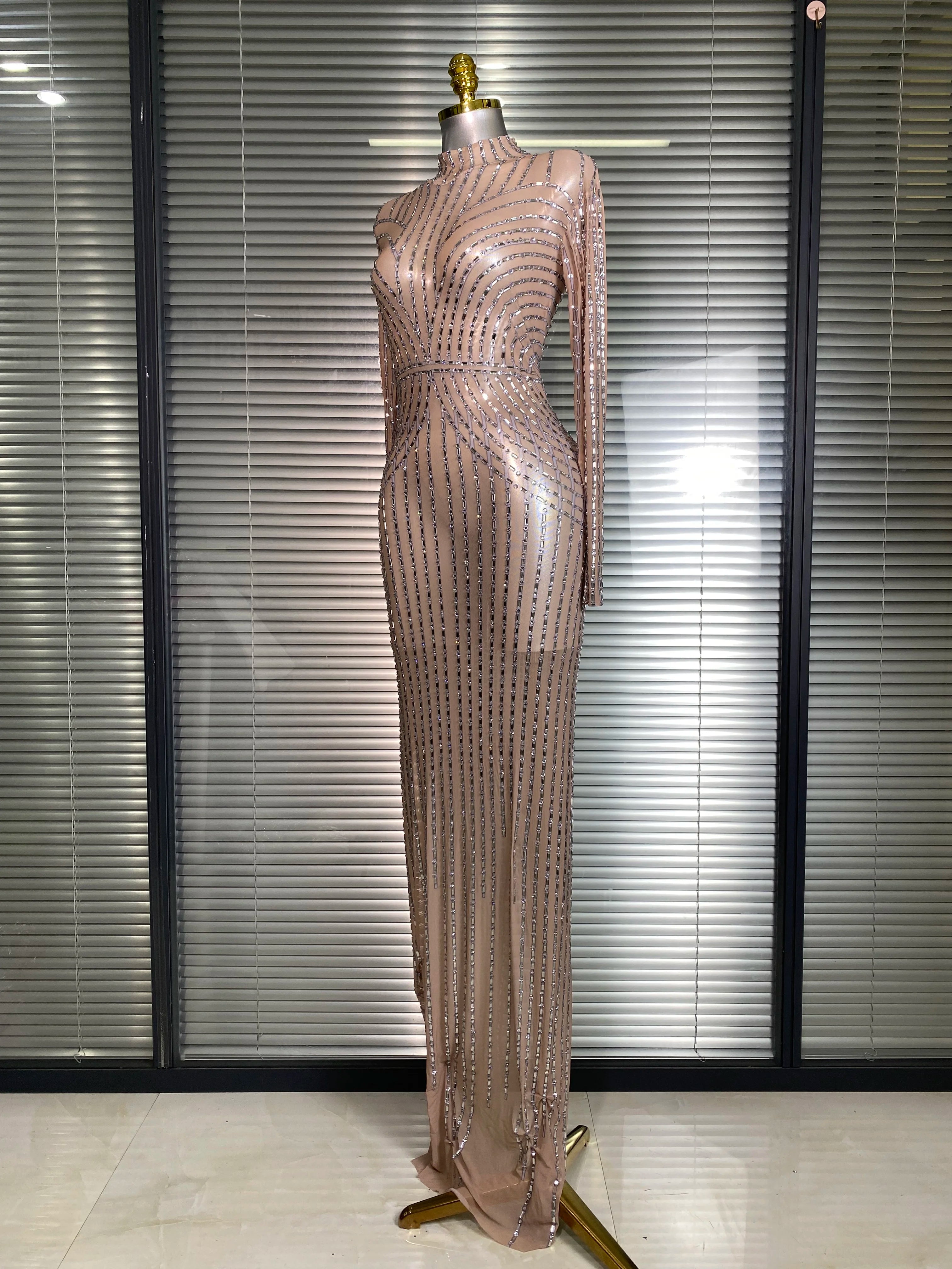 Women Sexy Long Sleeve Mesh Sequins Maxi Dress See Through Gold Silver Party Singer Party Costume Sheer Stage Performance Dress