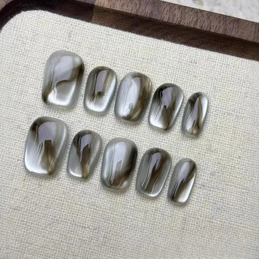 10Pcs Blue Short Square Head Handmade Fake Nails with Unique Smudging French Ballet Wearable Nail Tips Art Fashion Nail Stickers