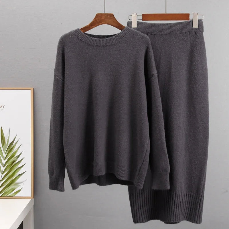 Soft Vintage Lace Up Women Suits 2 Pieces Female Sets with Belt V Neck Cardigan & Midi Dress Ladies Knitted TrackSuit Grey(O Neck) Free Size