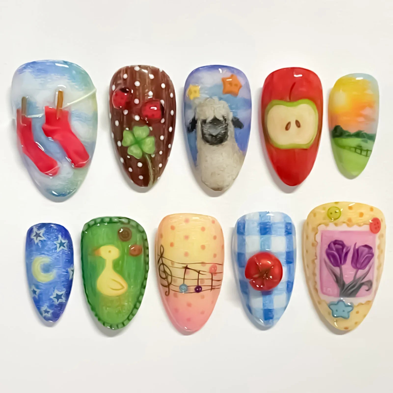 Cute Cartoon Fake Nails 24Pcs Almond Press On Nails Star/Moon/Duck/Sheep/Flower Printed Wearable Nails Art Decoration for Women