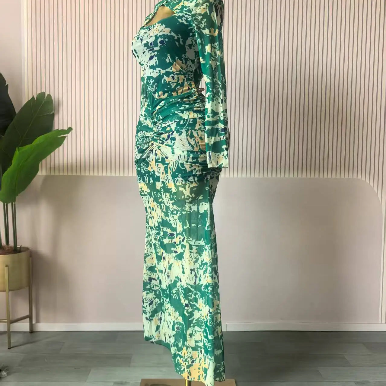 CM.YAYA Women Draped V-neck Cutout Front Ruched Stacked Bodycon Midi Long Maxi Dress 2025 Night Club Party Vestidos Sexy Dresses