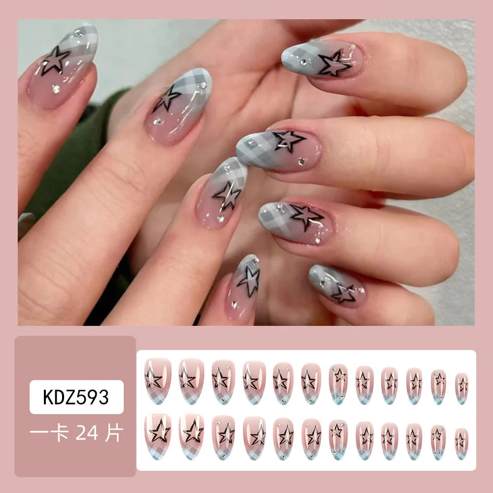 24pcs Blue Plaid Gradient Fake Nails Phototherapy French Tips Y2k Style Press On Nails Long Almond Cool Stars False Nail Patches