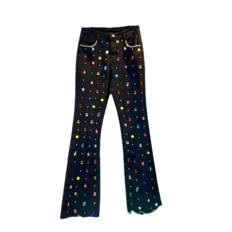 Niche Design Exquisite Rhinestone Beaded Bell-Bottom Denim Pants Women's Autumn and Winter Slimming Skinny Jeans High Waist