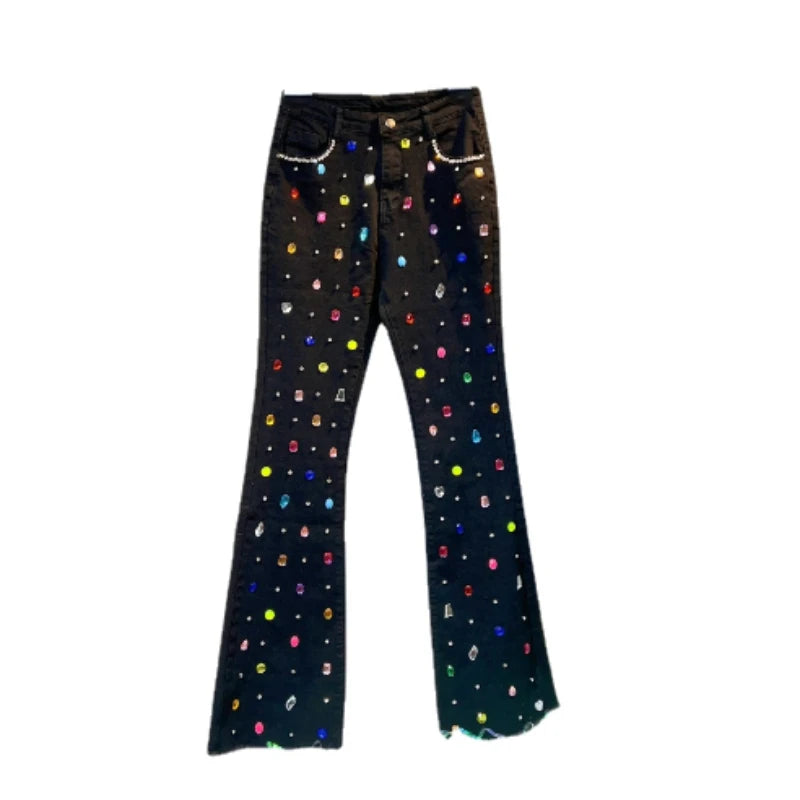 Niche Design Exquisite Rhinestone Beaded Bell-Bottom Denim Pants Women's Autumn and Winter Slimming Skinny Jeans High Waist