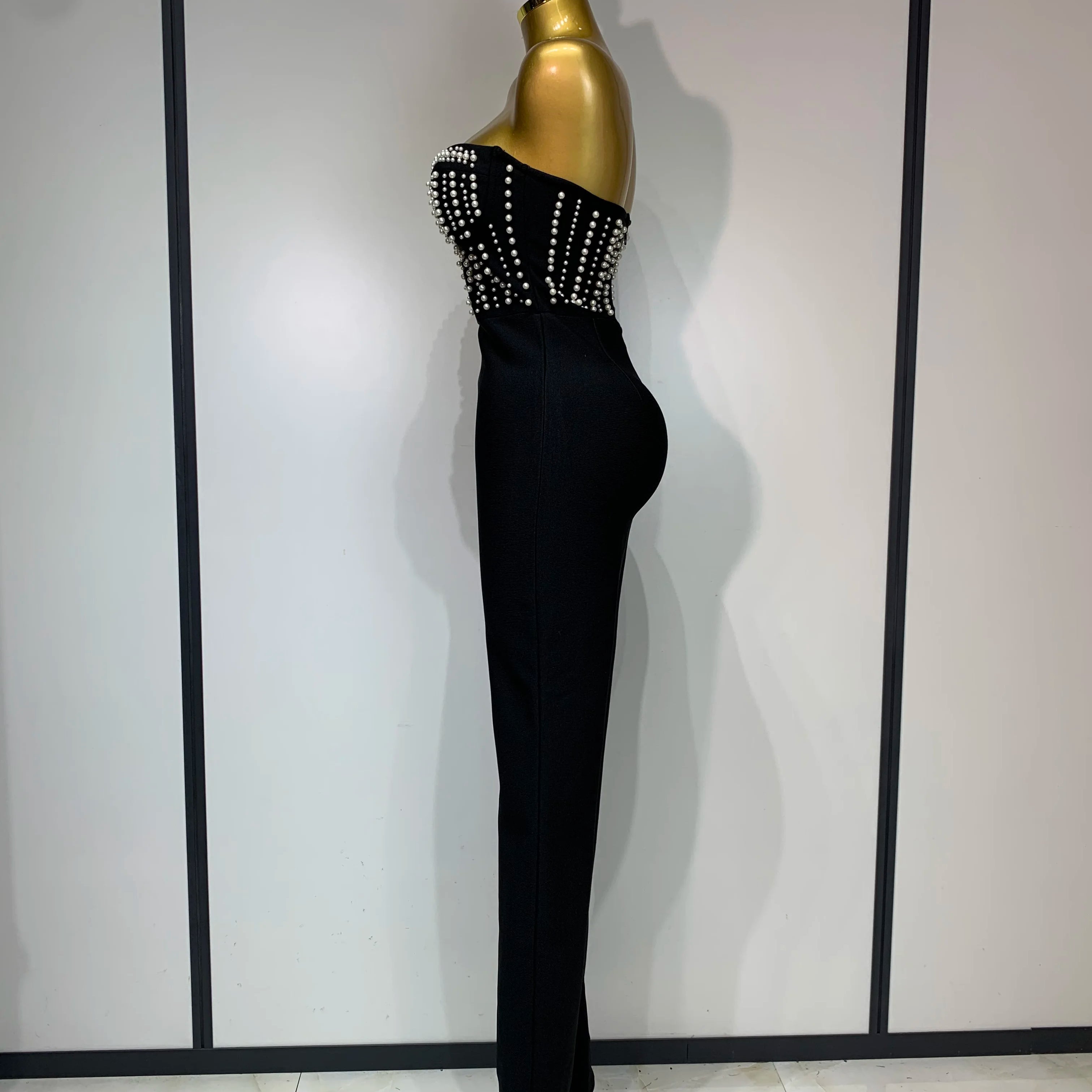 Women Sexy Black Sleeveless Backless Pearls Beaded StraplessBeading Bodycon Bandage Jumpsuit Evening Party Birthday Club Outfit